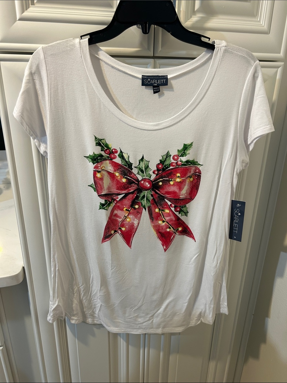 Scarlett White Tee with Festive Red Bow and Green Holly